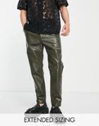 Asos Design Tapered Pants In Faux Leather In Khaki-green