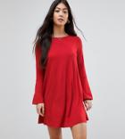 Asos Petite Mini Swing Dress With Seam Detail And Trumpet Sleeve - Red