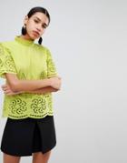 Fashion Union High Neck Top With Tonal Broderie Trims - Yellow