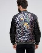 Asos Bomber Jacket In Leopard Print With Toucan Embroidery - Black