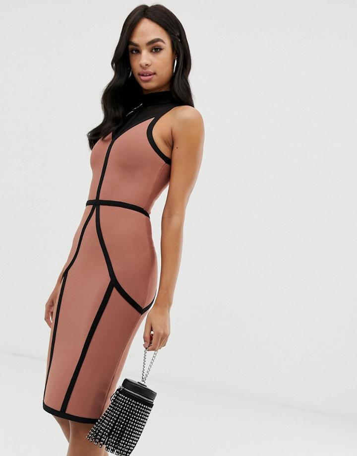The Girlcode High Neck Bandage Midi Dress With Contrast Piping In Terracotta Rose - Tan