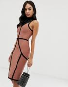 The Girlcode High Neck Bandage Midi Dress With Contrast Piping In Terracotta Rose - Tan