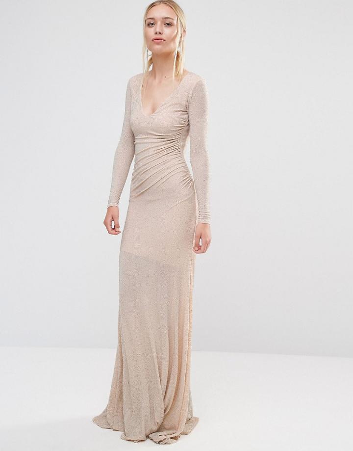 City Goddess Backless Long Sleeved Maxi Dress In Lurex Fabric - Beige