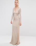 City Goddess Backless Long Sleeved Maxi Dress In Lurex Fabric - Beige