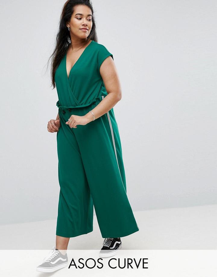 Asos Curve Jersey Jumpsuit With Tape Detail In Rib - Green