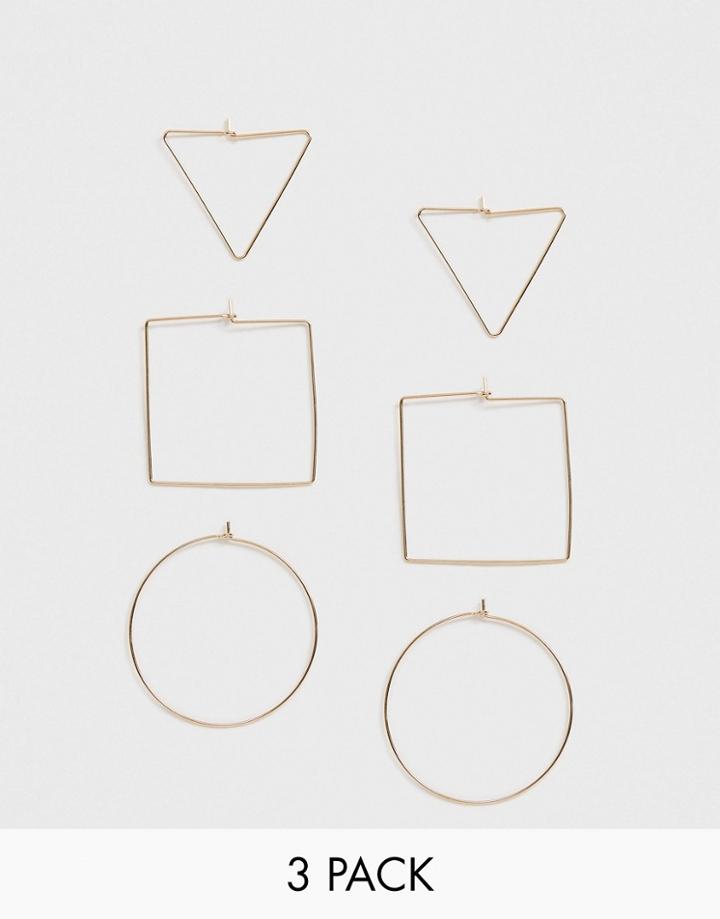 Asos Design Pack Of 3 Fine Hoop Earrings In Geo Shapes In Gold Tone - Gold