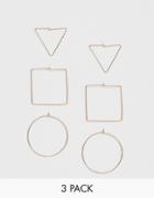 Asos Design Pack Of 3 Fine Hoop Earrings In Geo Shapes In Gold Tone - Gold