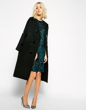 Asos Black Embellished Coat With Stone Detail - Khaki