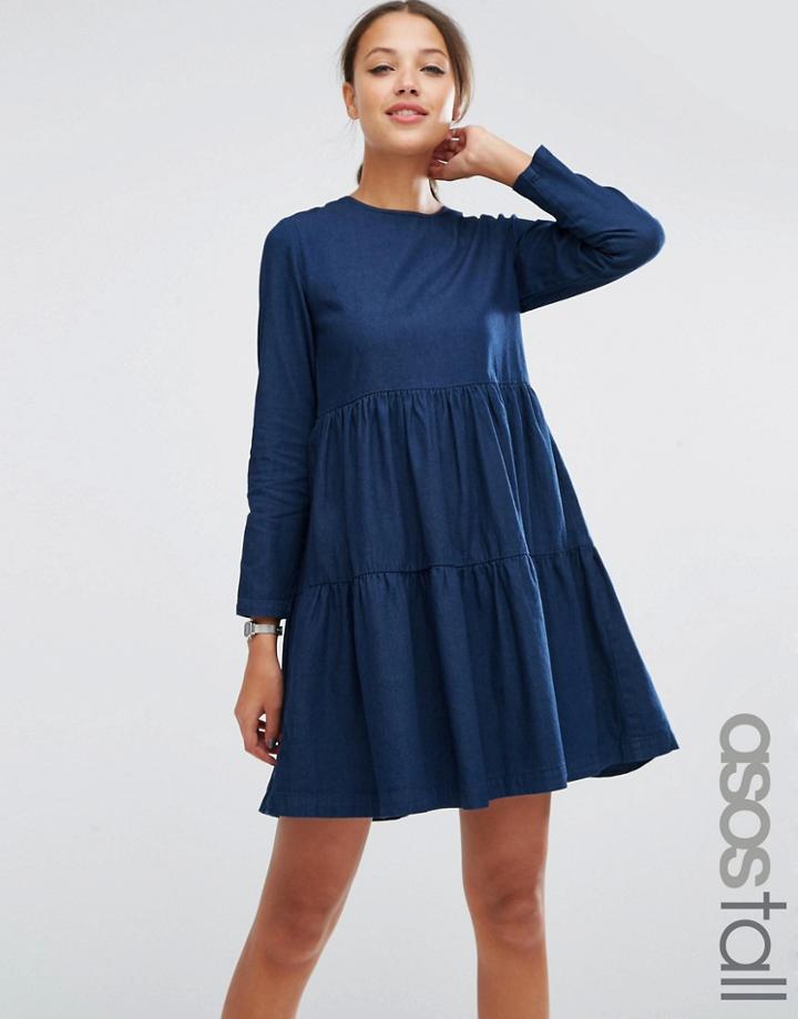 Asos Tall Denim Tiered Smock Dress In Dark Blue - Blue