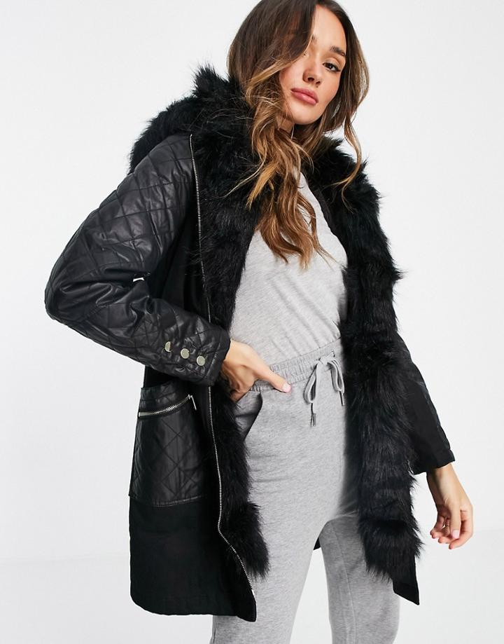 River Island Faux Fur Lined Parka Jacket In Black