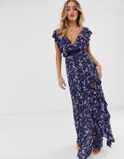 Tfnc Floral Print V Neck Frill Split Maxi Dress