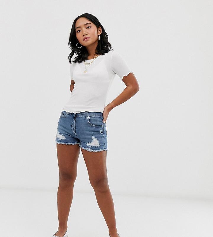 Parisian Petite Denim Shorts With Raw Hem - Blue