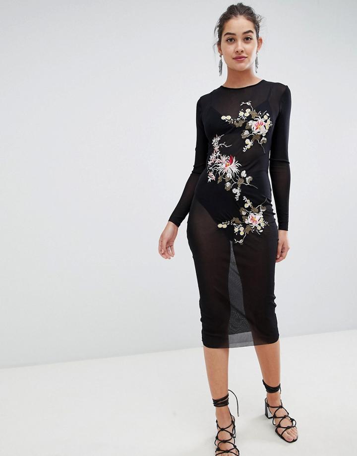 Glamorous Mesh Midi Dress With Floral Embroidery-black