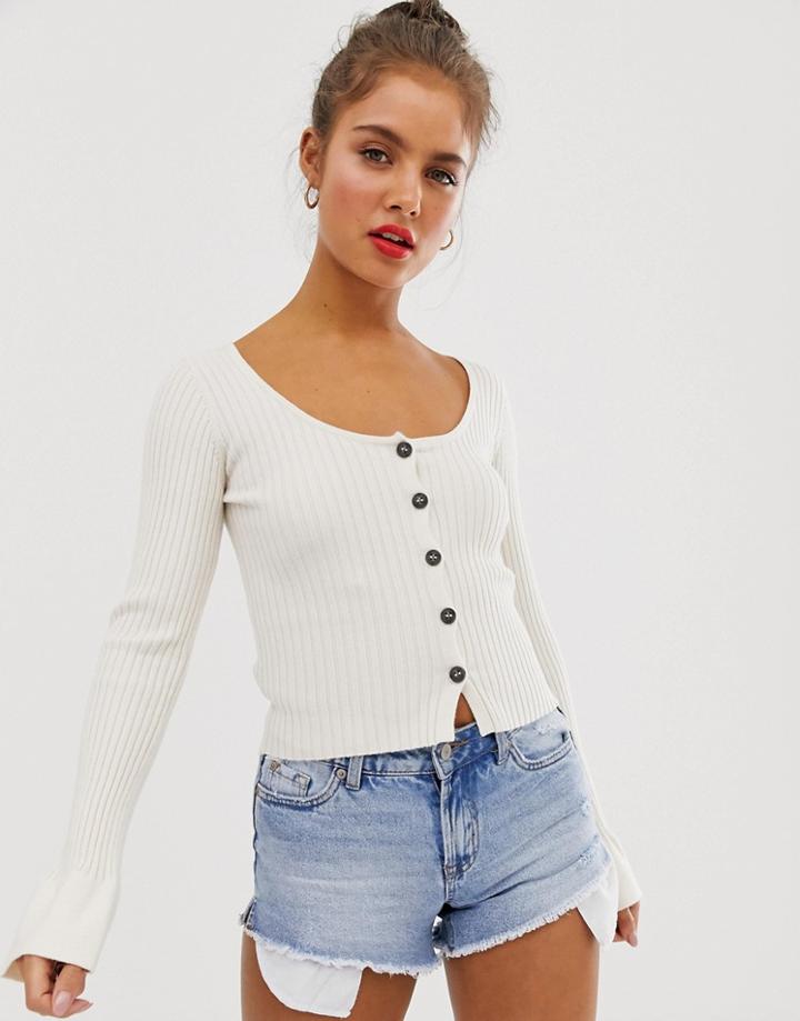 Asos Design Scoop Neck Cardigan In Skinny Rib With Buttons-cream