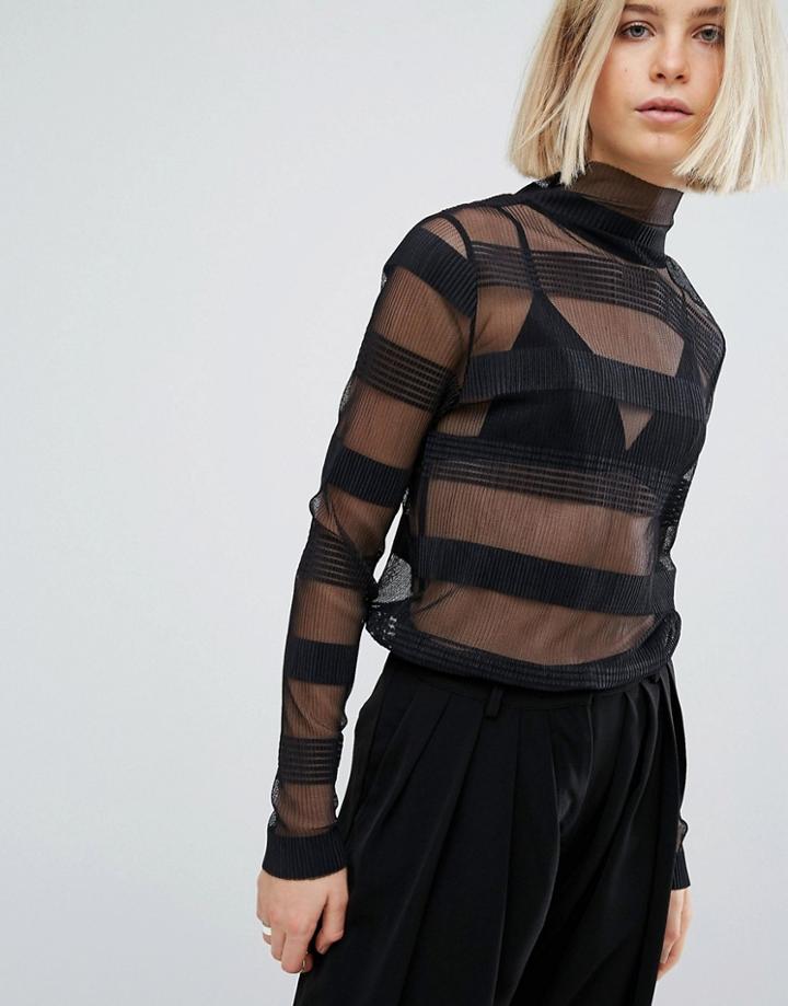 Moss Copenhagen Stripe Sheer Long Sleeve Top - Black