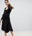 Asos Design Maternity Scoop Neck Rib Midi Dress With Asymmetric Skirt - Black