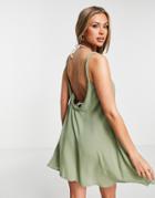 Asos Design Braid Detail Crinkle Beach Swing Dress In Khaki-green