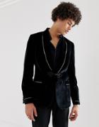 Asos Design Skinny Blazer In Black Velvet With Frogging - Black