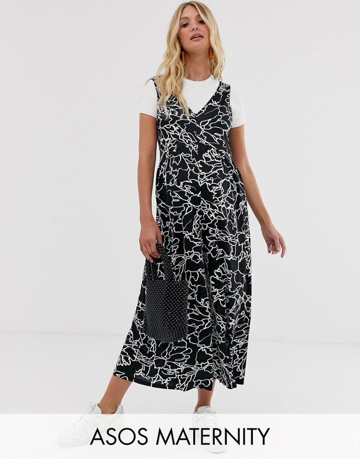 Asos Design Maternity Curved Smock Jumpsuit In Mono Abstract Print