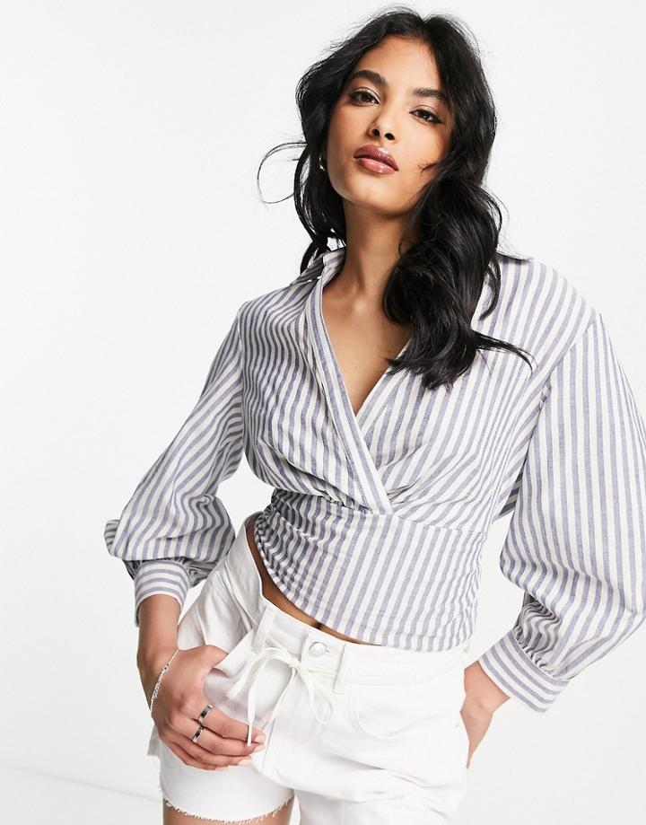 River Island Shirred Waist Tie Front Shirt In Light Blue