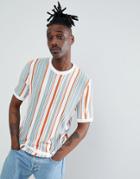 Asos Design Knitted T-shirt With Vertical Stripes In Ecru - Multi