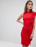 Lipsy High Neck Pencil Dress With Ruffle Side - Red