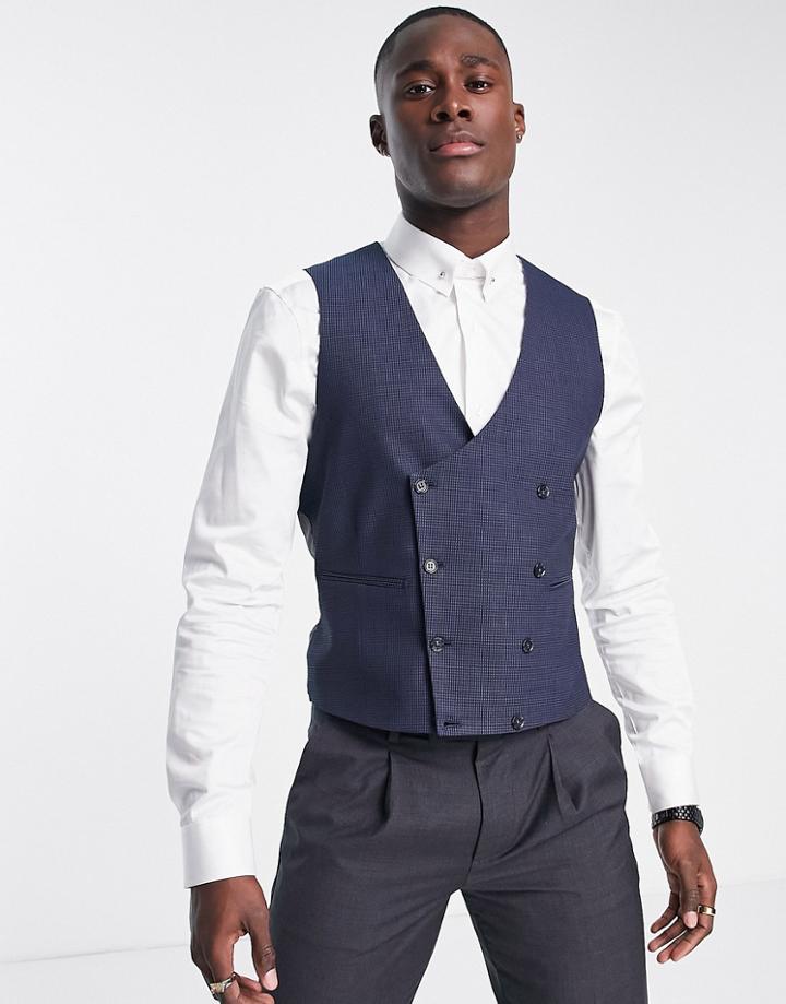 Noak Skinny Vest In Blue Birdseye Textured Wool Blend With Two-way Stretch