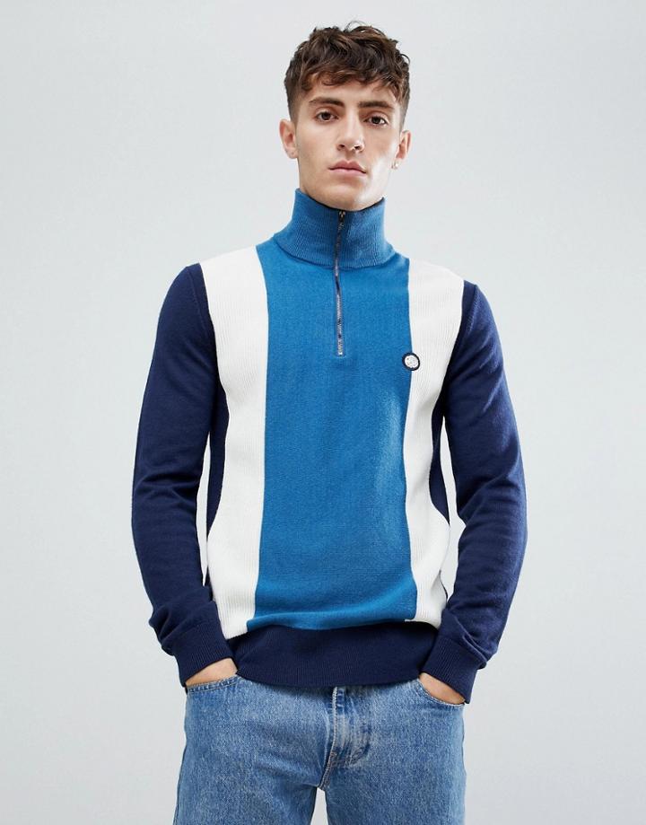 Pretty Green Zip Funnel Neck Block Stripe Sweater In Blue - Blue