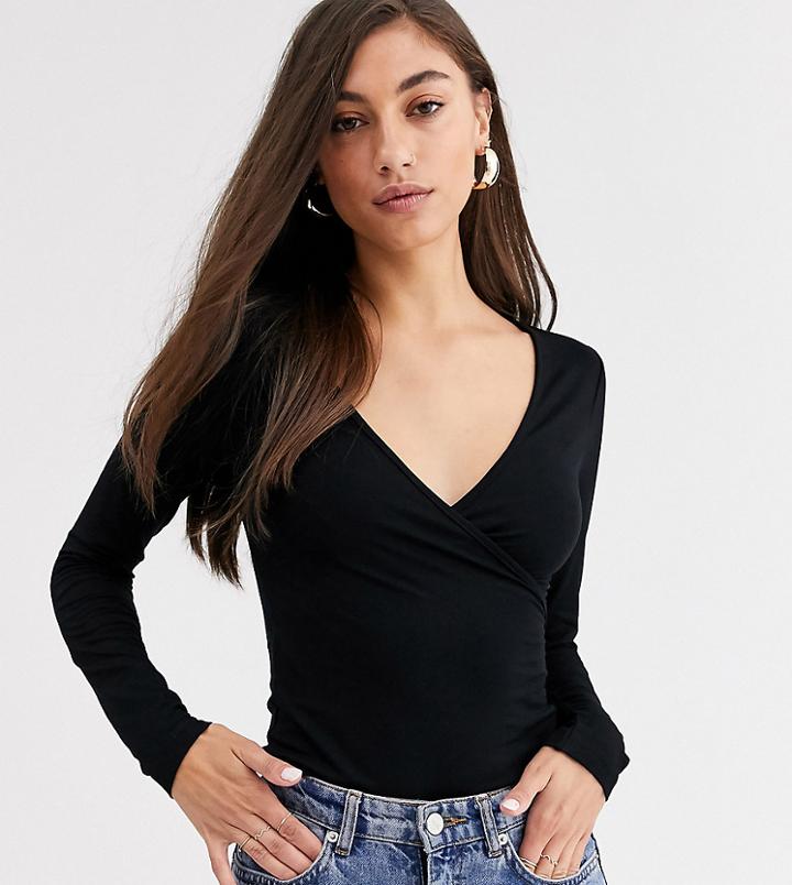 Asos Design Tall Deep Wrap Top In Black