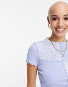 Monki Nova Cotton Floral Patch Lettuce Hem Top In Blue-blues