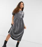 Asos Design Petite Gathered Neck Midi Smock Dress In Silver Glitter