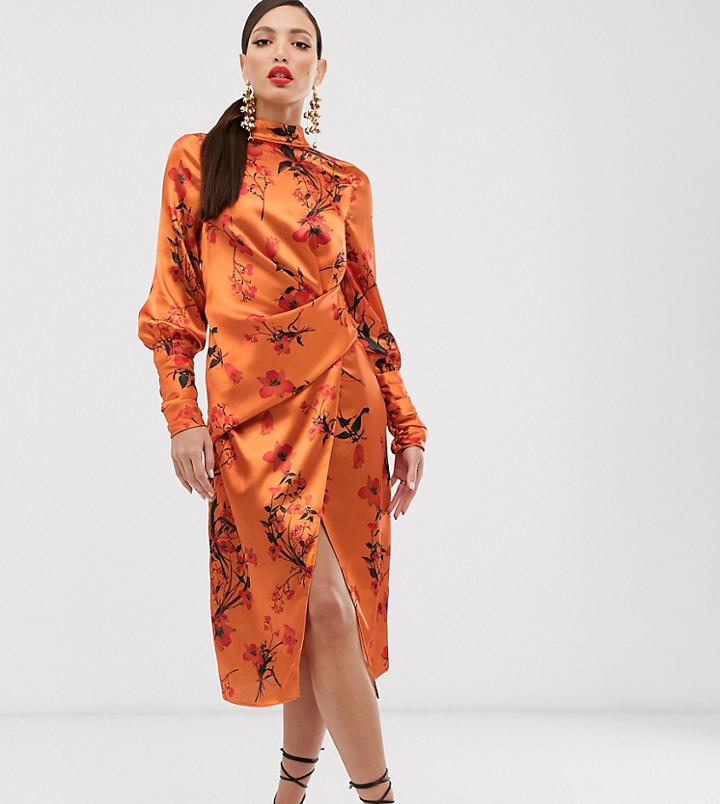 Asos Design Tall Long Sleeve Midi Dress In Satin With Drape Detail In Blossom Floral Print-multi