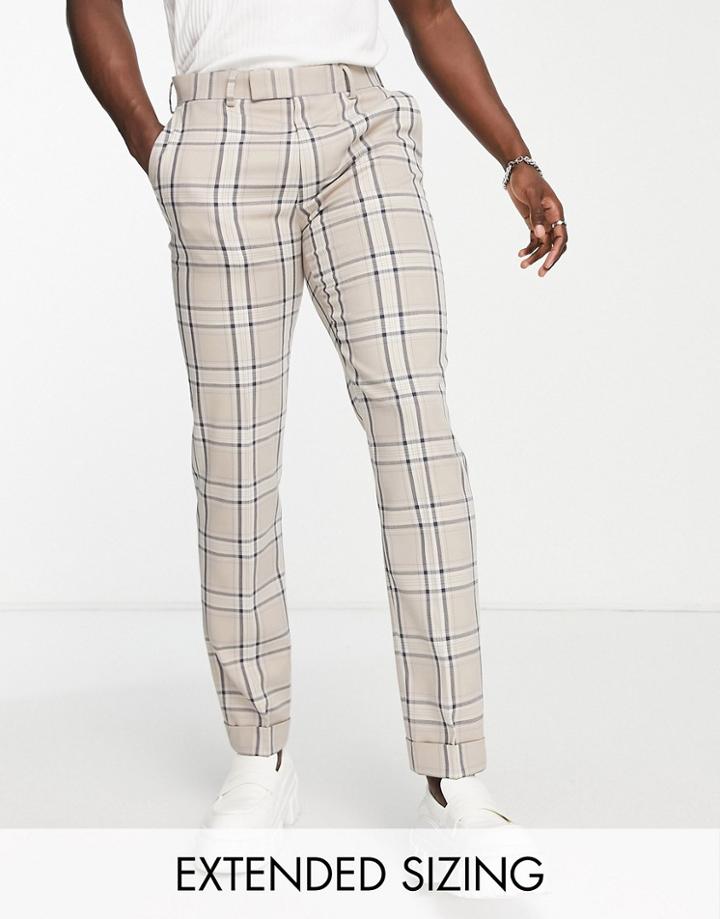 Asos Design Slim Suit Pants In Large Highlight Plaid In Stone And Light Blue-neutral