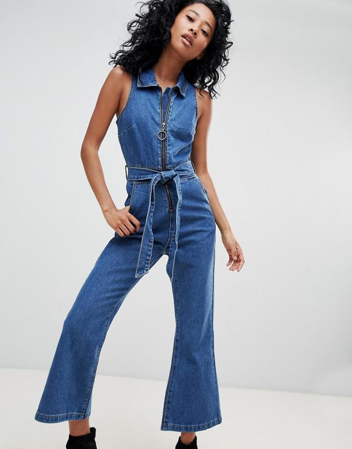 Liquor N Poker Denim Jumpsuit With Belt Tie - Blue
