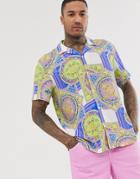 Asos Design Short Sleeve Baroque Print Shirt In Neon - Green