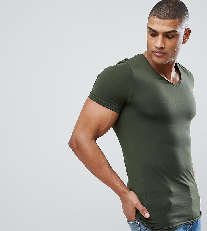 Asos Design Tall Muscle Fit T-shirt With Raw Edge Rounded V Neck In Green - Green