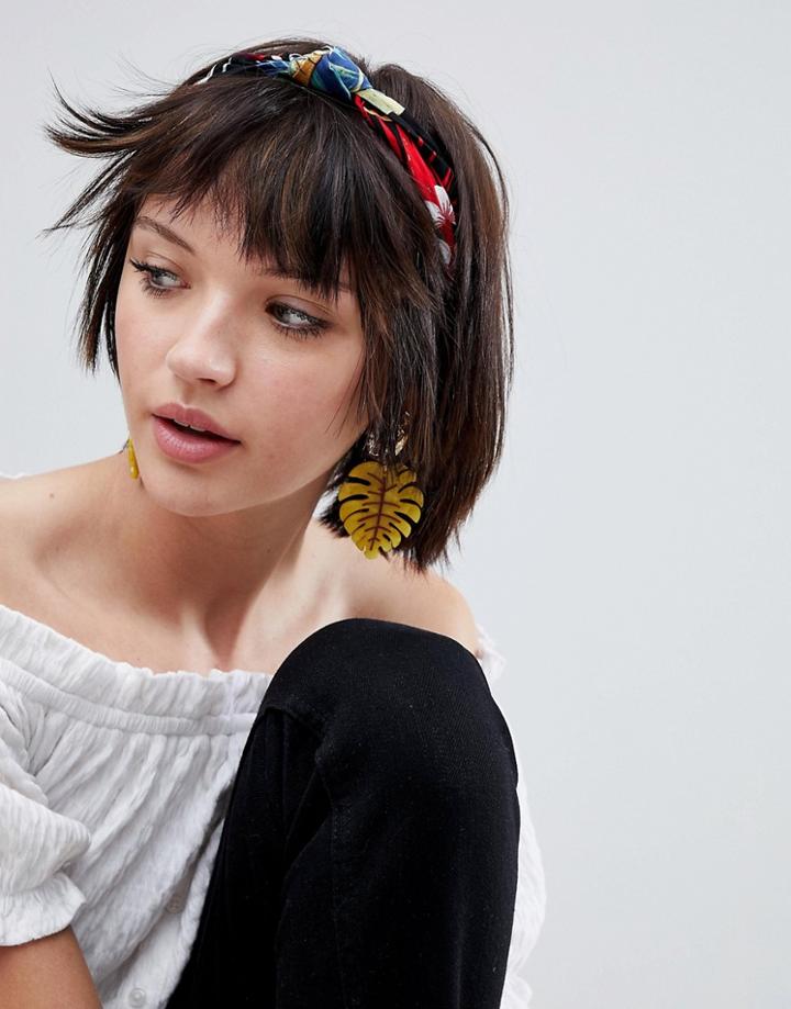 Asos Design Headband With Twist Detail In Palm Print - Multi