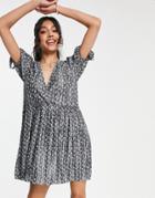 Asos Design Plisse Wrap Mini Dress With Tie Puff Sleeves In Gray Ditsy Floral-green