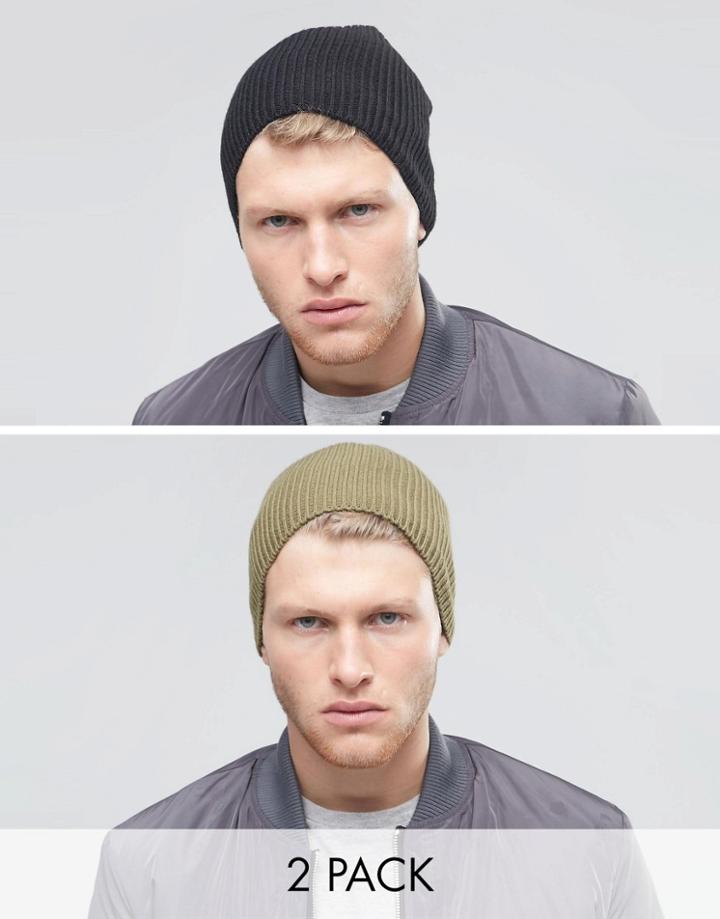 Asos Slouchy Beanie 2 Pack In Black And Olive - Multi