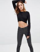 Noisy May Twist Front Crop Top With Long Sleeves - Black