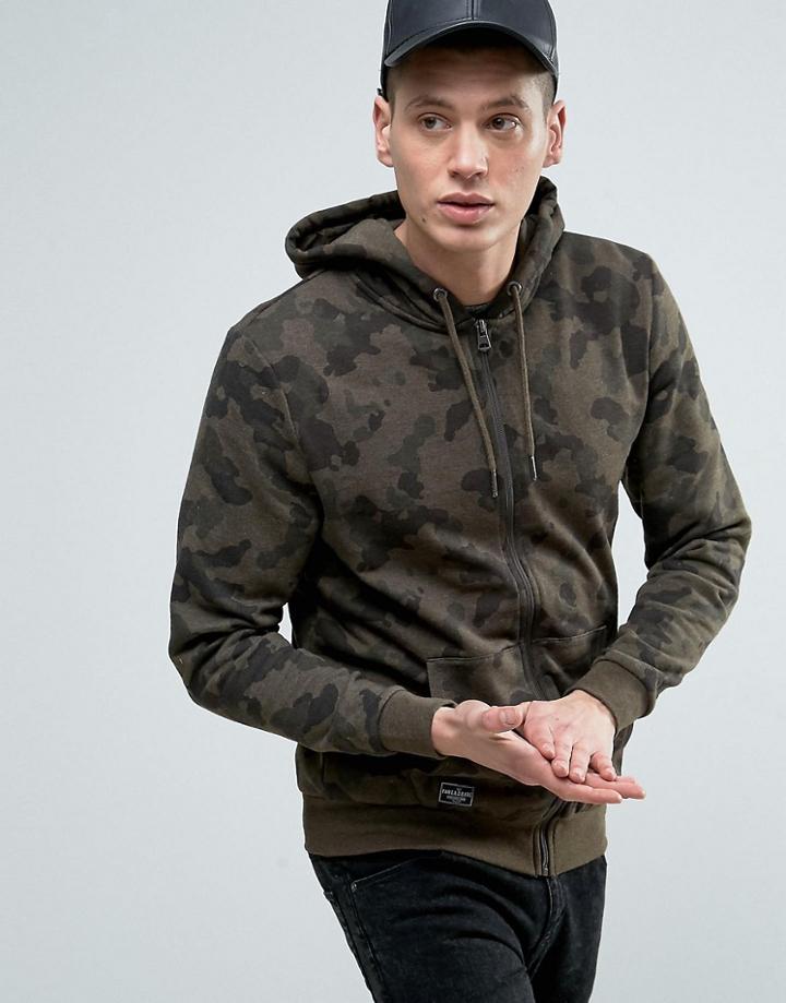 Threadbare Zip Through Camo Hoodie - Green
