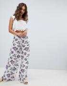 Asos Design Soft Pleated Wide Leg Pants In Ditsy Floral Print - White