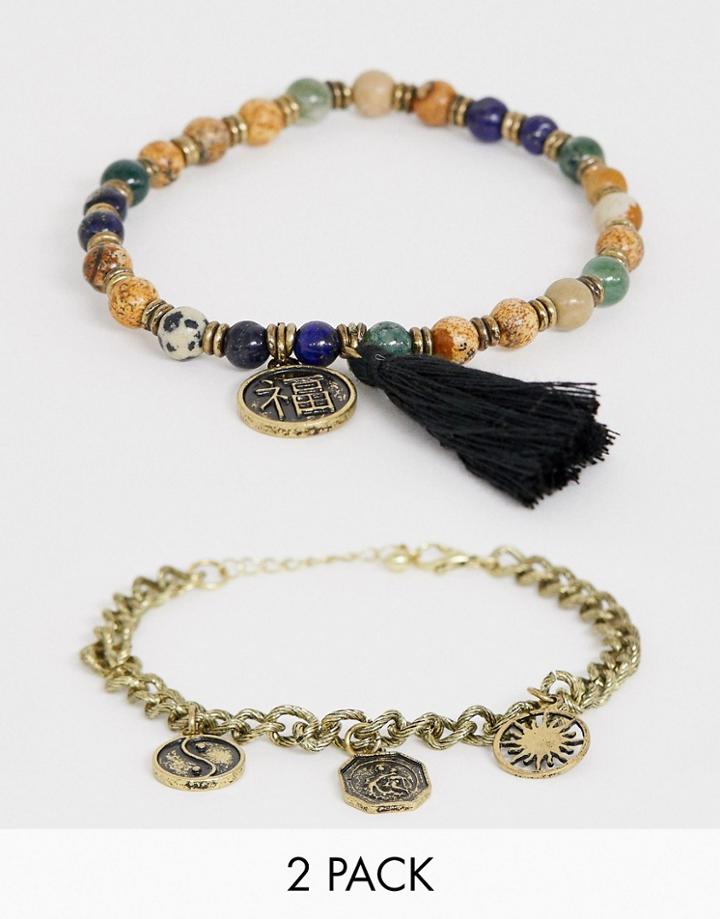Reclaimed Vintage Inspired Bracelet Pack In Semi Precious Stone Exclusive To Asos - Gold