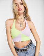 Asos Design Color Block Rib Halter Top In Green And Lilac-multi
