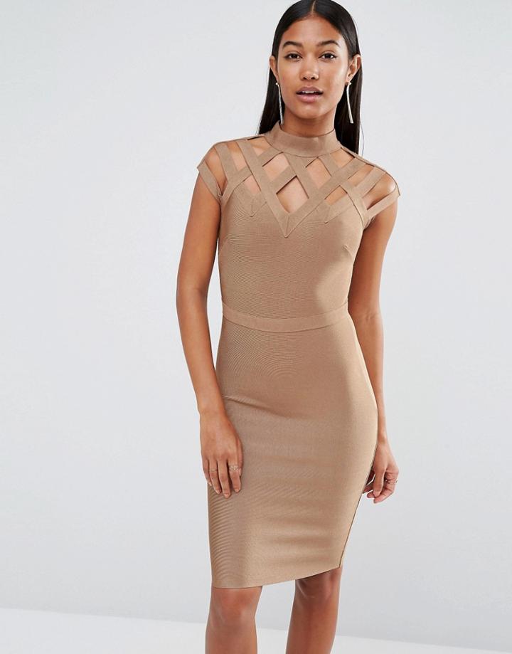 Wow Couture High Neck Bandage Dress - Tan