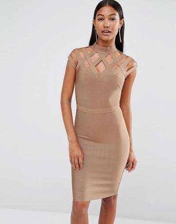 Wow Couture High Neck Bandage Dress - Tan