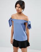 Asos Minimal Off Shoulder Top In Crepe With Tie Sleeve - Dusty Blue