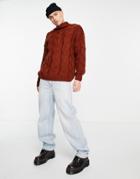 Asos Design Fluffy Cable Knit Turtle Neck Sweater In Rust-orange