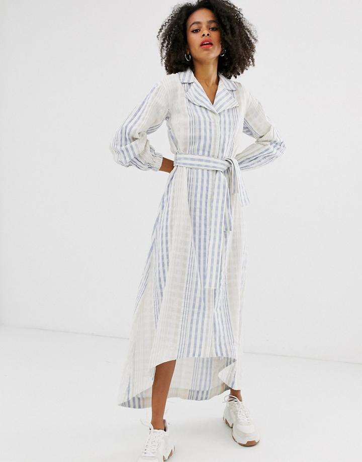 Asos White Blue Stripe Belted Midi Shirt Dress - Blue