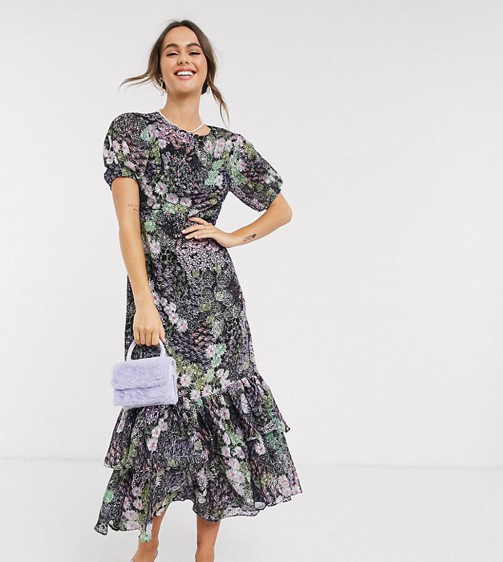 Dark Pink Ruffle Hem Maxi Tea Dress In Patchwork Ditsy Floral-multi
